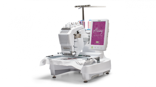 Baby Lock Array embroidery machine right side view with digital display on a white background