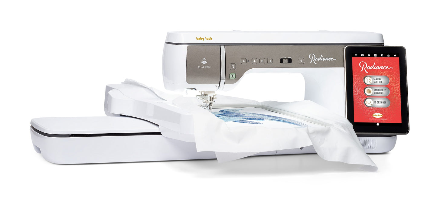 Baby Lock Radiance embroidery machine with attached hoop on a white background