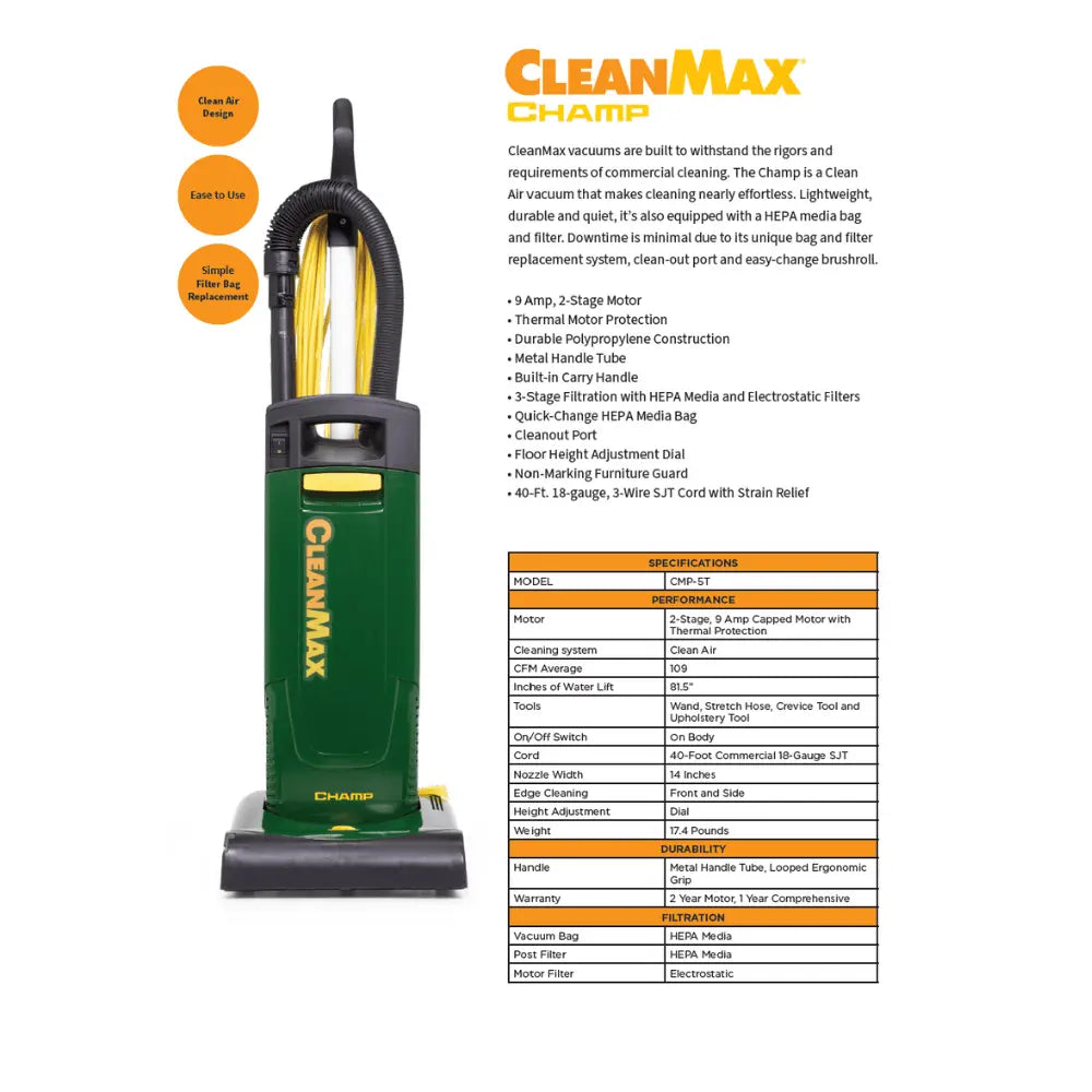 CleanMax Champ CMP-5T features and specifications sheet