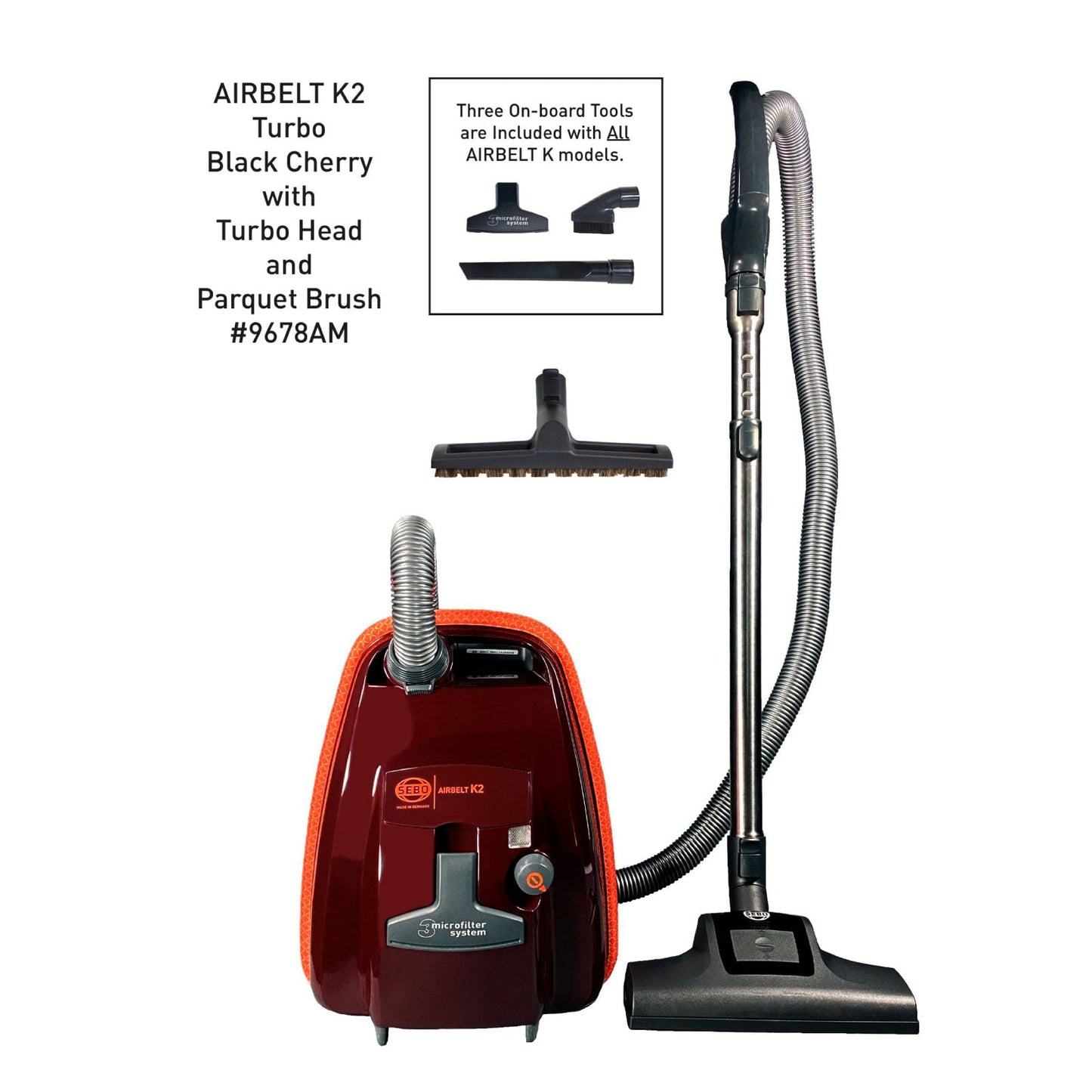 SEBO Airbelt K2 Turbo canister vacuum in black cherry