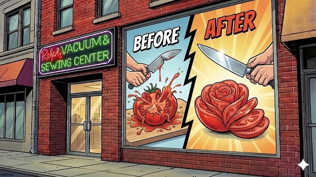 Cartoon-style advertisement for a tomato slicing machine with 'Before' and 'After' images, in front of a store.