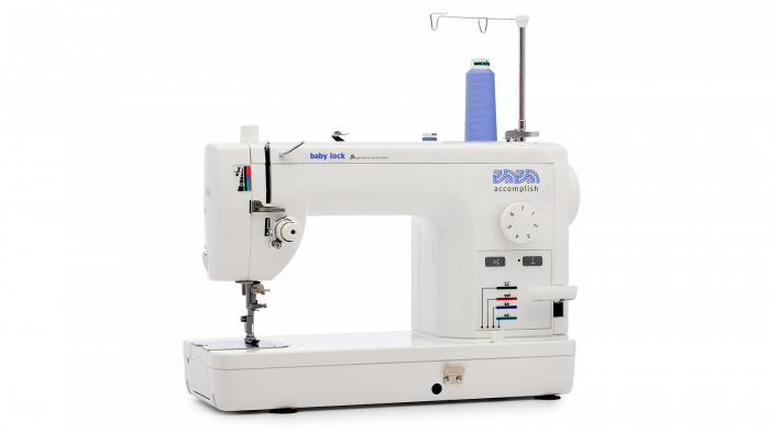 Baby Lock Accomplish sewing machine with blue thread spool on a white background