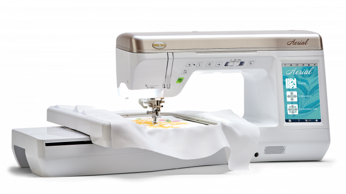 Baby Lock Aerial embroidery machine with attached hoop on a white background