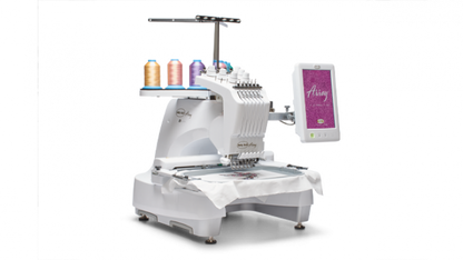 Baby Lock Array embroidery machine left side view with colorful thread spools on a white background