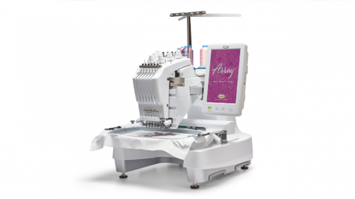 Baby Lock Array embroidery machine right side view with digital display on a white background