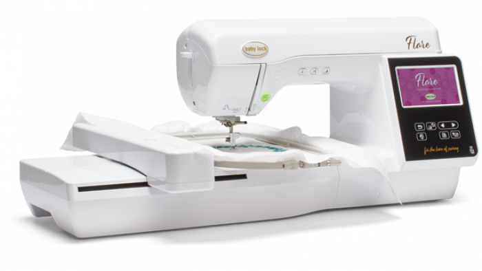 Baby Lock Flare white embroidery machine with a digital display on a white background
