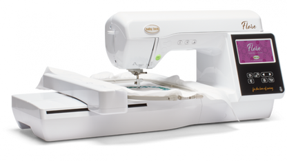 Baby Lock Flare white embroidery machine with a digital display on a white background