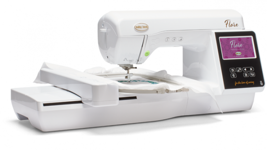 Baby Lock Flare white embroidery machine with a digital display on a white background