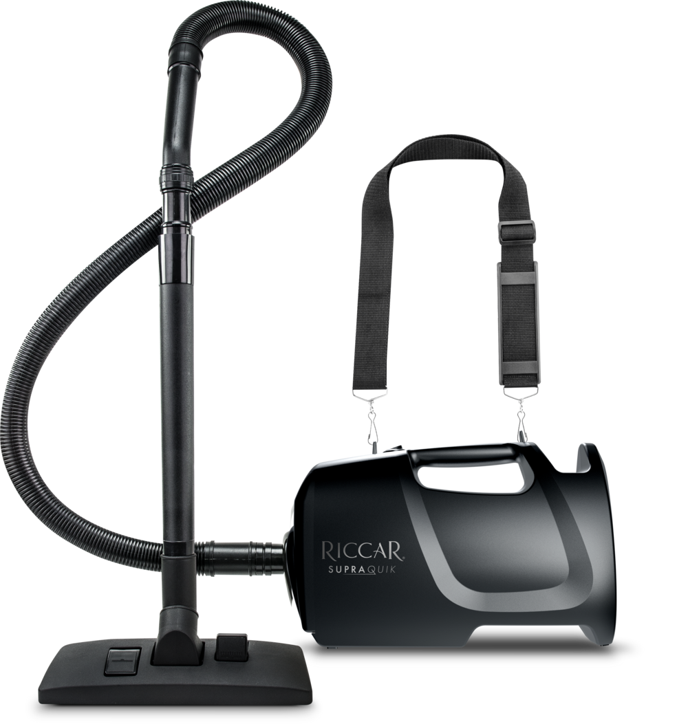 Riccar SupraQuik RSQ1.6 portable canister vacuum with hose, wand, floor tool and shoulder strap