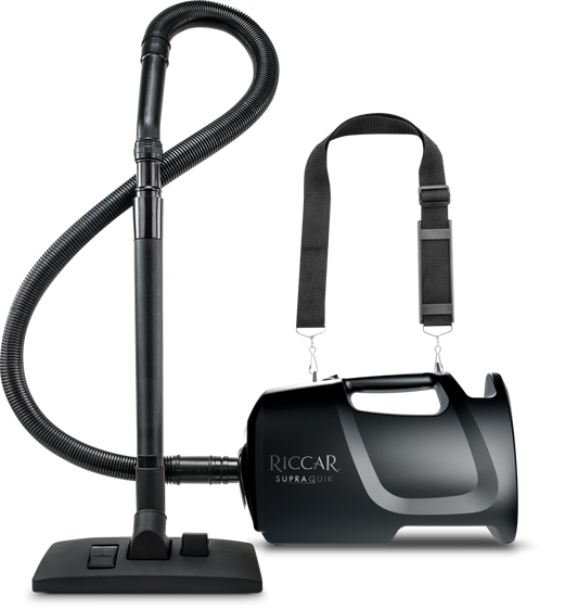 Riccar SupraQuik RSQ1.6 portable canister vacuum with hose, wand, floor tool and shoulder strap