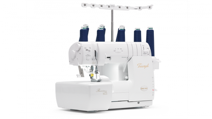 Baby Lock Triumph white sewing machine with blue thread on a white background
