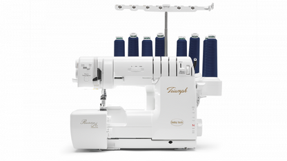 Baby Lock Triumph white sewing machine with multiple spools of thread on a white background