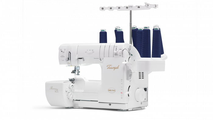 Baby Lock Triumph sewing machine with multiple spools of thread on a white background