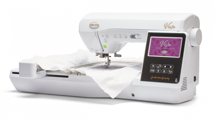 Baby Lock Vesta white embroidery machine with a digital display on a white background