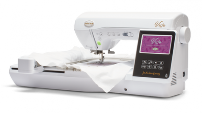 Baby Lock Vesta white embroidery machine with a digital display on a white background