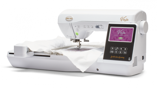 Baby Lock Vesta white embroidery machine with a digital display on a white background