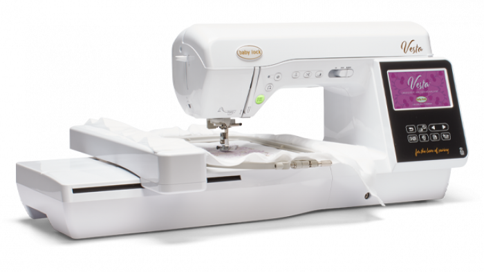 Baby Lock Vesta white embroidery machine with digital display on a white background