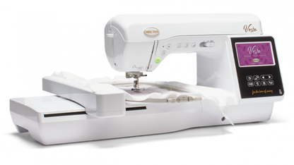 Baby Lock Vesta white embroidery machine with digital display on a white background
